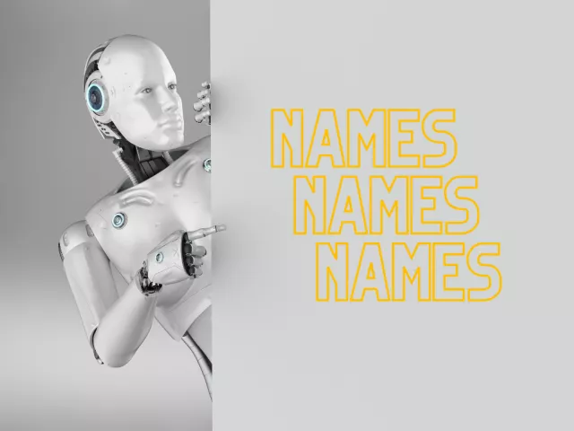 Ein Roboter blickt um die Ecke auf den Text: Namen, Namen, Namen