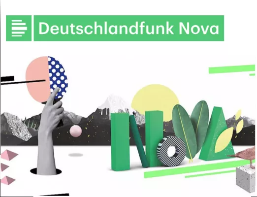 Ein gemischt buntes und schwarz-weißes Werbebild mit Bergen, Blättern und einer Hand mit einem Tischtennisschläger. 